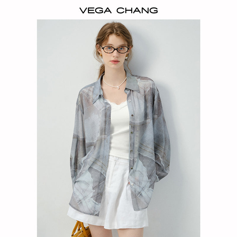 Denim-Print Button-Up Shirt