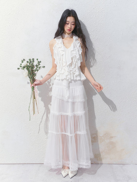 Smocked Waist Maxi Tulle Skirt