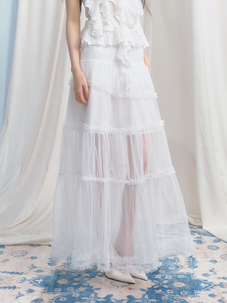 Smocked Waist Maxi Tulle Skirt