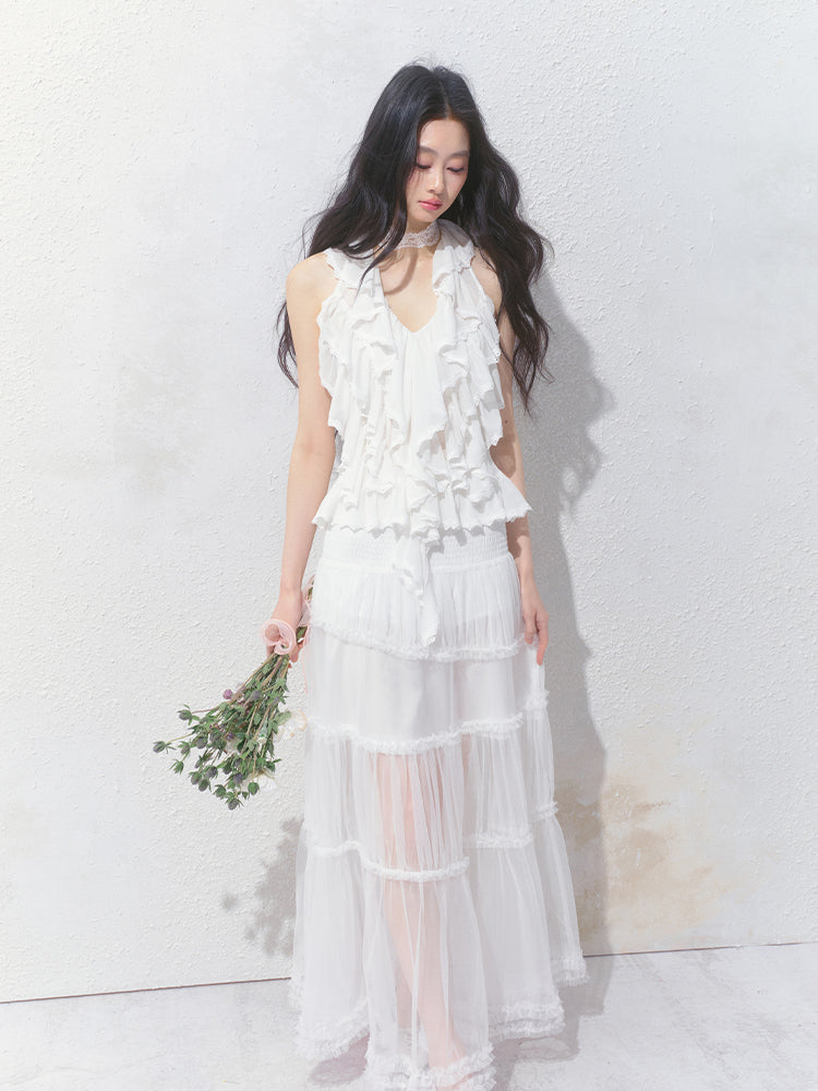 Smocked Waist Maxi Tulle Skirt