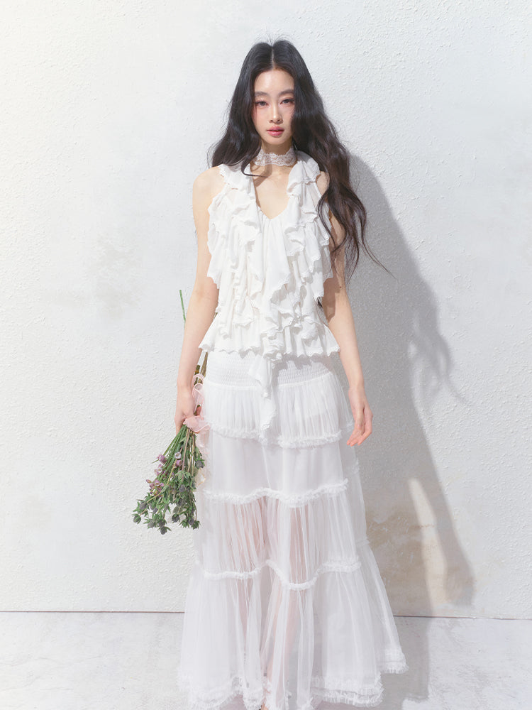 Smocked Waist Maxi Tulle Skirt