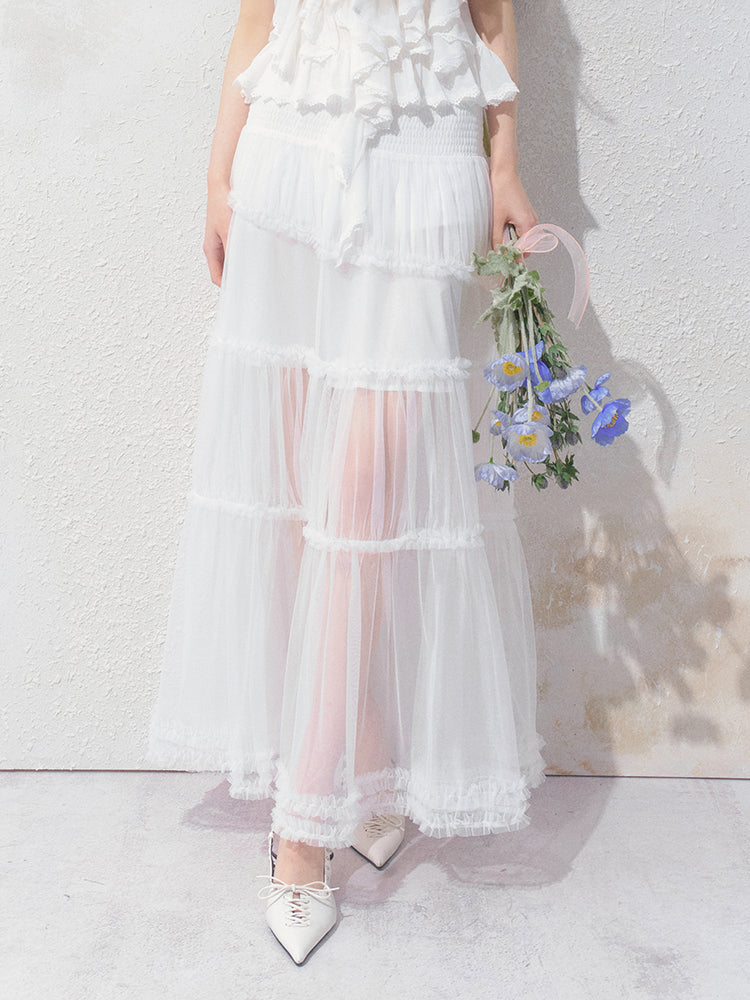 Smocked Waist Maxi Tulle Skirt