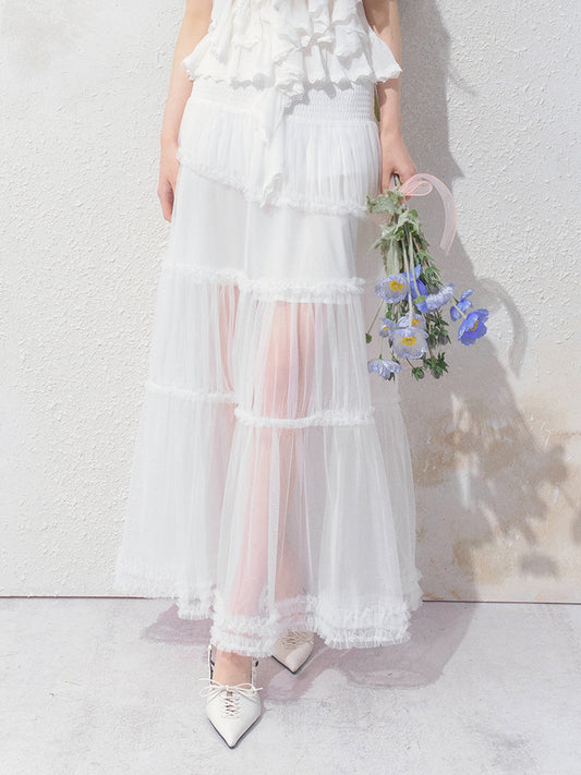 Smocked Waist Maxi Tulle Skirt