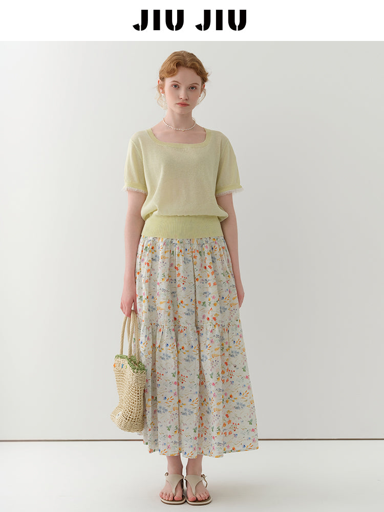Square Neck Lace-Trimmed Linen Blend Sheer Knit Top