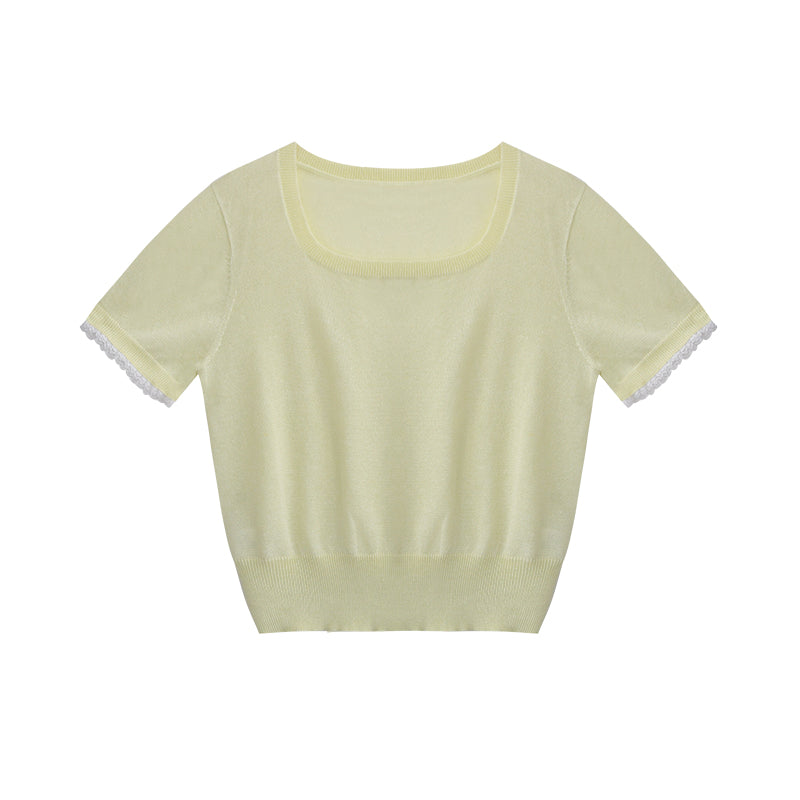 Square Neck Lace-Trimmed Linen Blend Sheer Knit Top