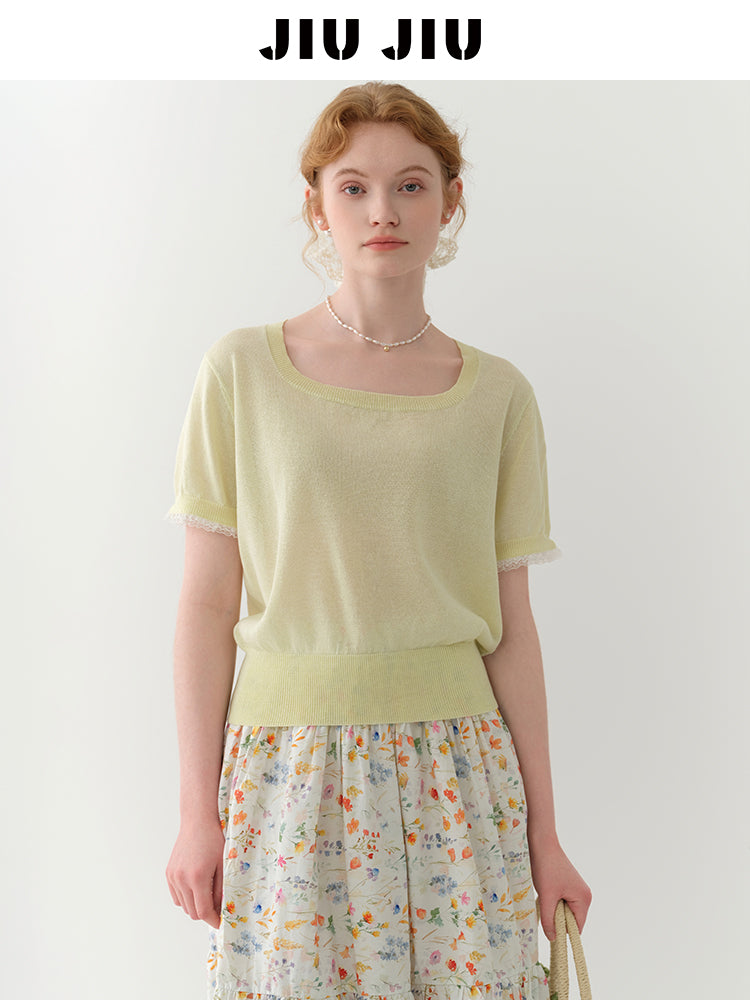 Square Neck Lace-Trimmed Linen Blend Sheer Knit Top