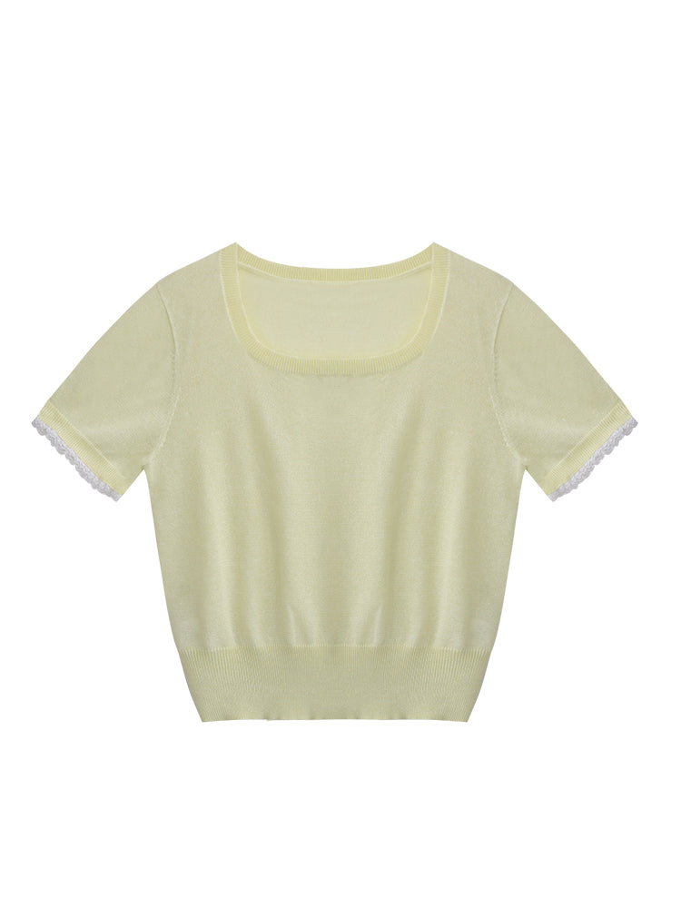 Square Neck Lace-Trimmed Linen Blend Sheer Knit Top