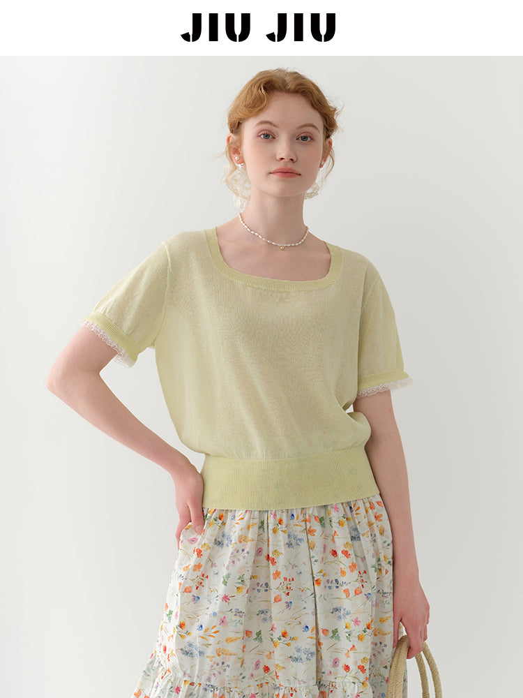 Square Neck Lace-Trimmed Linen Blend Sheer Knit Top