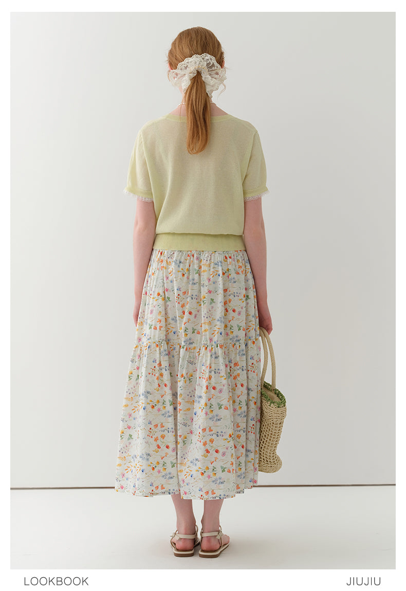 Square Neck Lace-Trimmed Linen Blend Sheer Knit Top