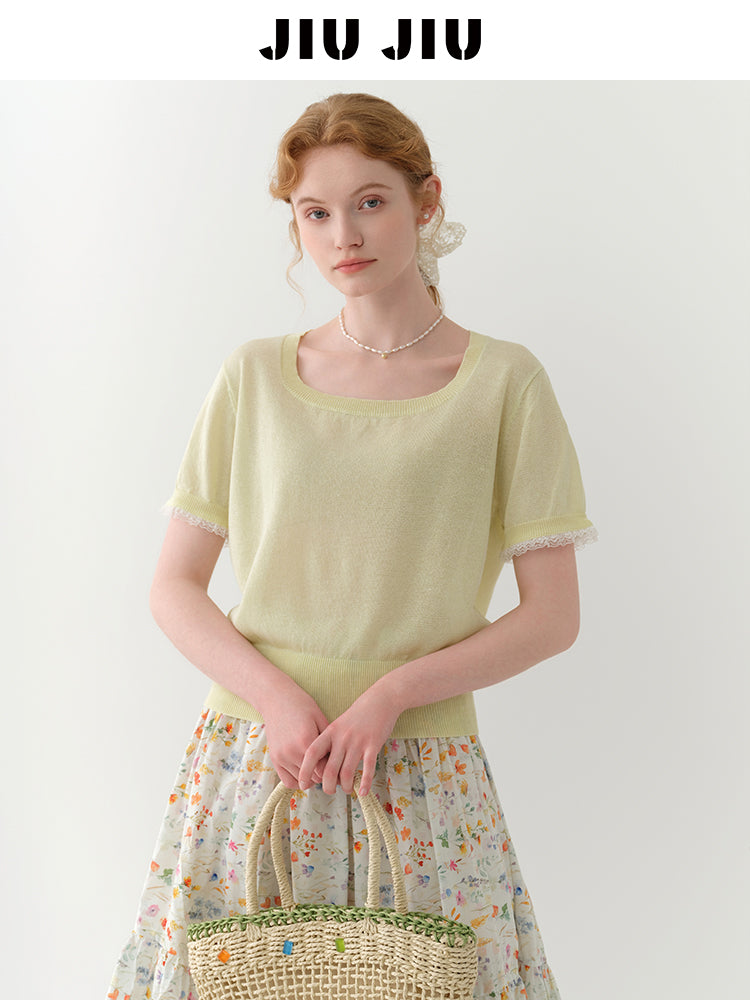 Square Neck Lace-Trimmed Linen Blend Sheer Knit Top