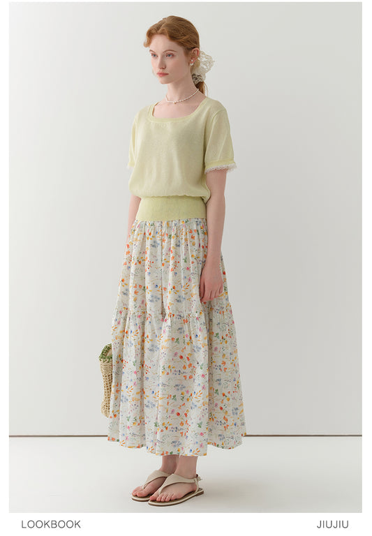 Square Neck Lace-Trimmed Linen Blend Sheer Knit Top