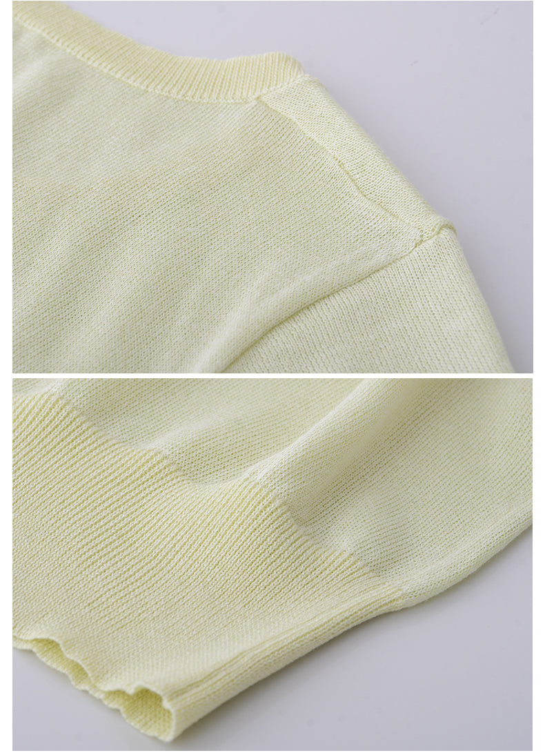 Square Neck Lace-Trimmed Linen Blend Sheer Knit Top