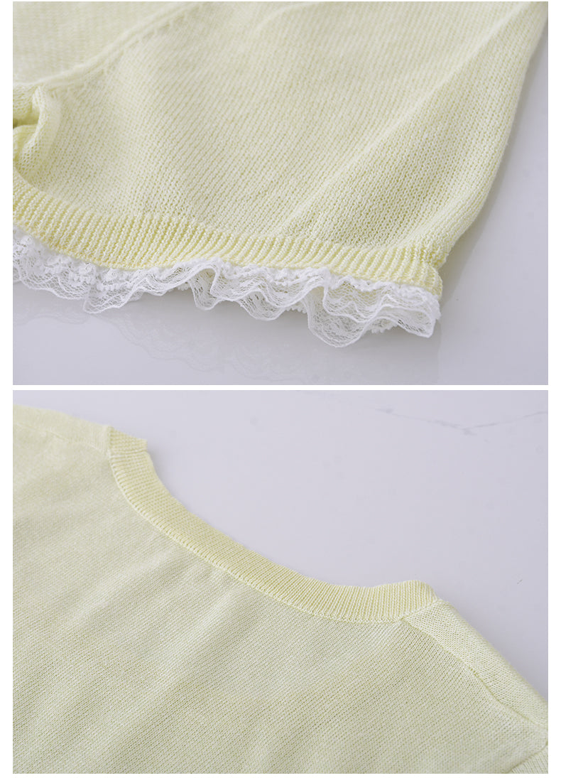 Square Neck Lace-Trimmed Linen Blend Sheer Knit Top