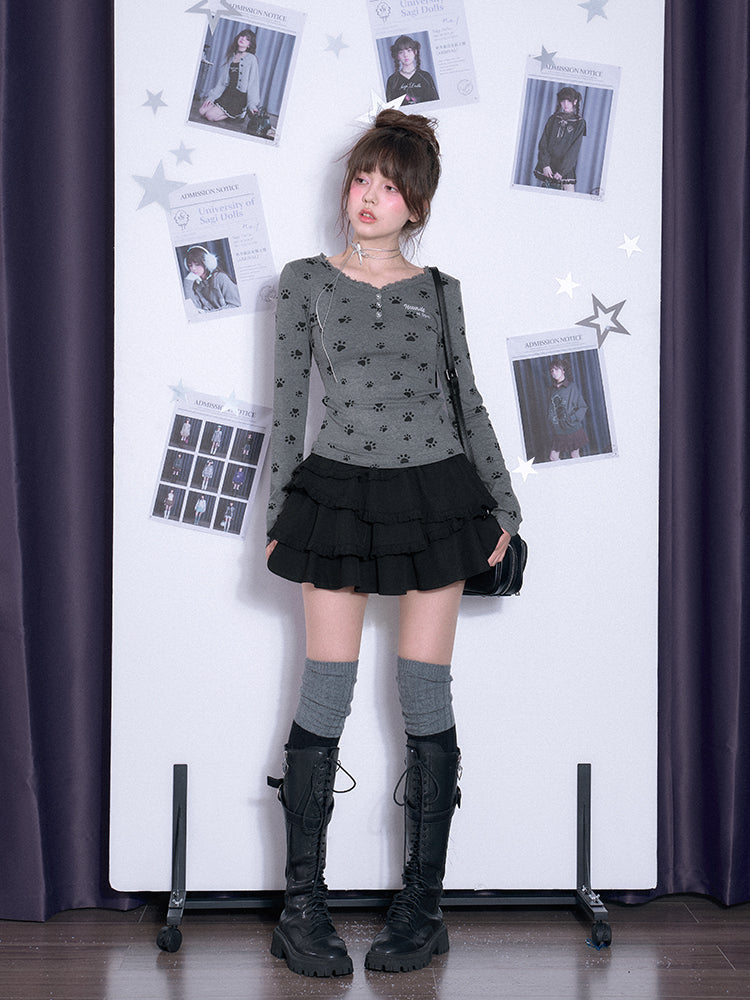 Paw Print Lace Trimmed Henley T-Shirt