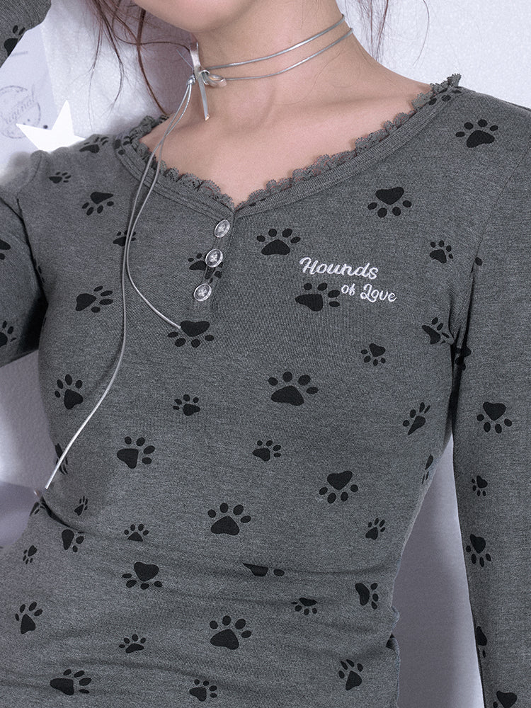 Paw Print Lace Trimmed Henley T-Shirt