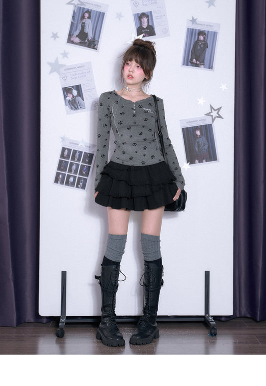 Paw Print Lace Trimmed Henley T-Shirt