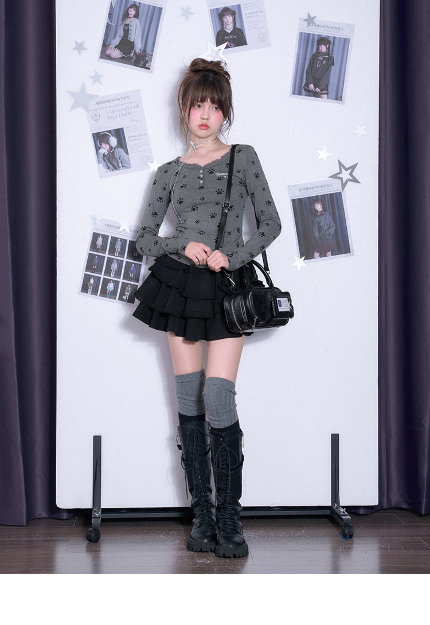 Paw Print Lace Trimmed Henley T-Shirt