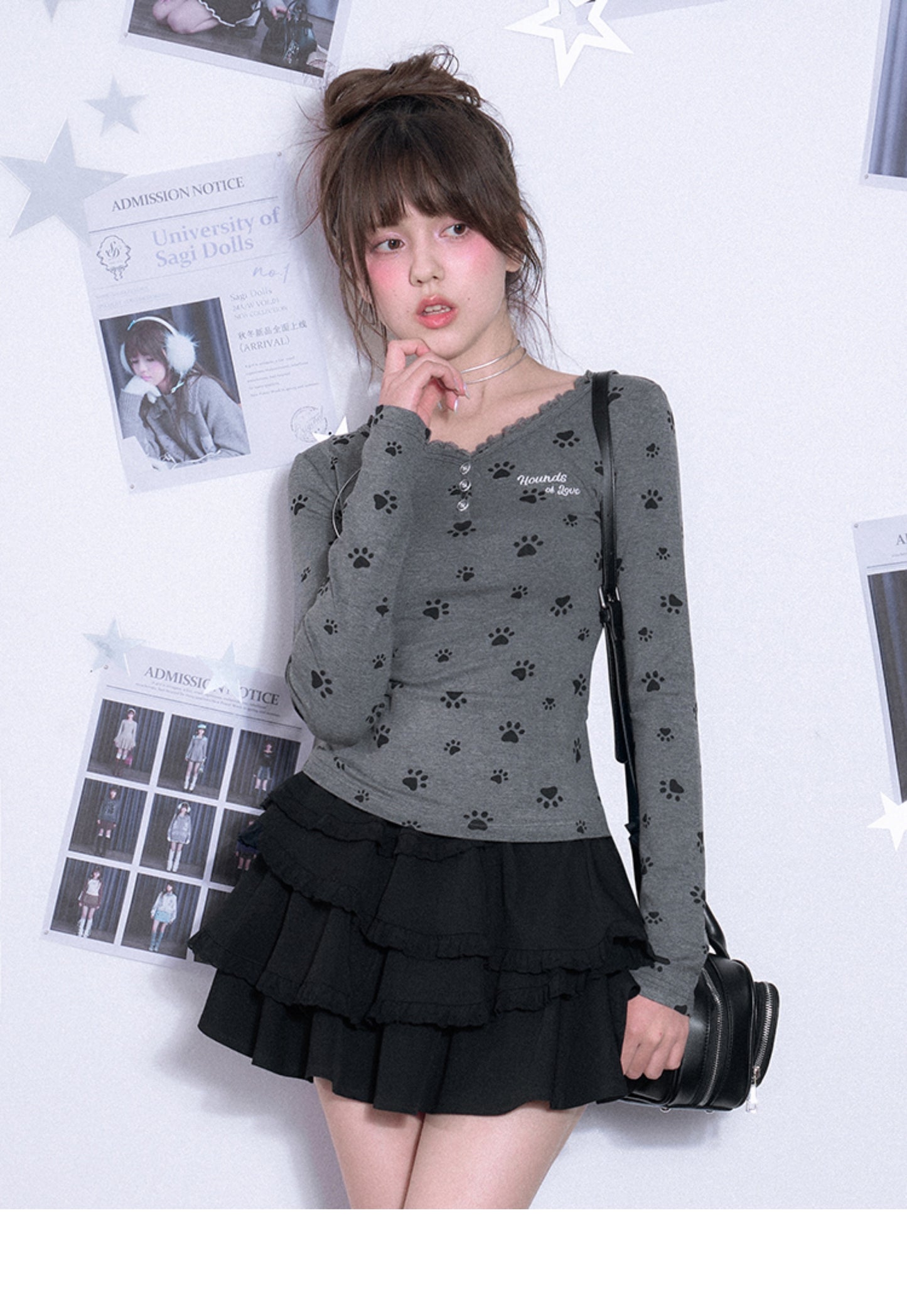 Paw Print Lace Trimmed Henley T-Shirt