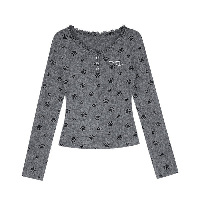 Paw Print Lace Trimmed Henley T-Shirt