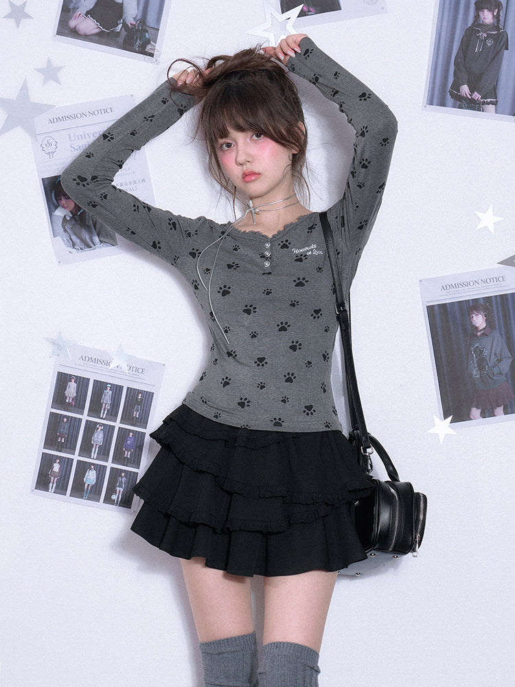 Paw Print Lace Trimmed Henley T-Shirt