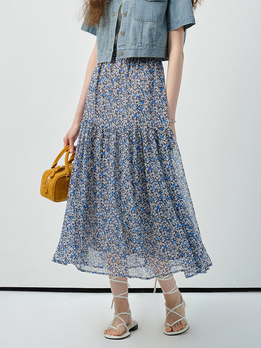 Floral Chiffon Skirt With Elastic Waist