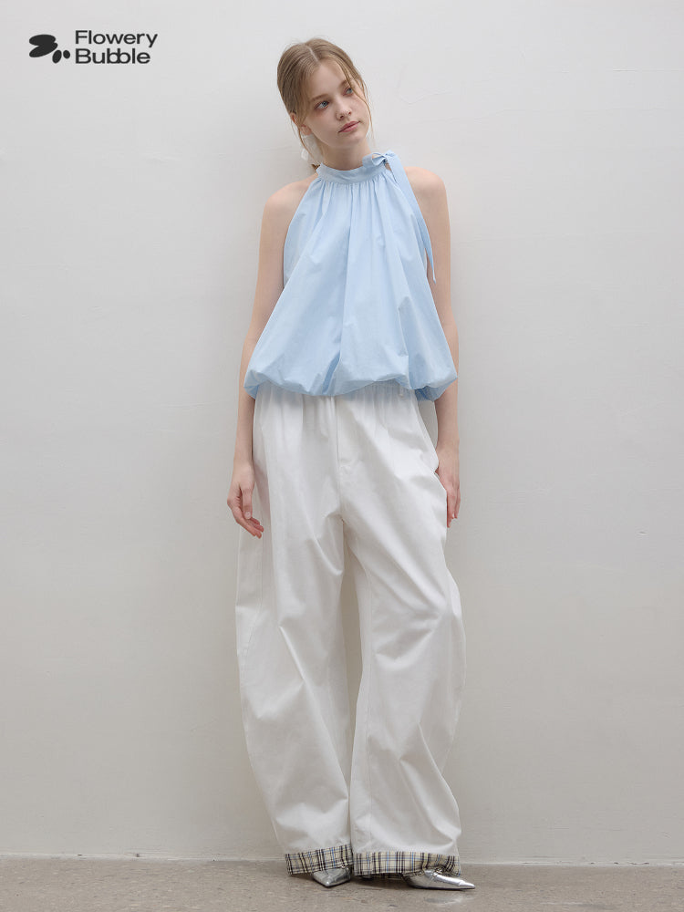 Bubble Hem Gathered Tie Neck Sleeveless Top