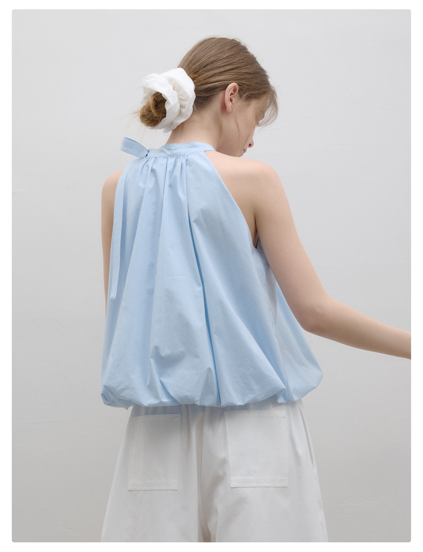 Bubble Hem Gathered Tie Neck Sleeveless Top
