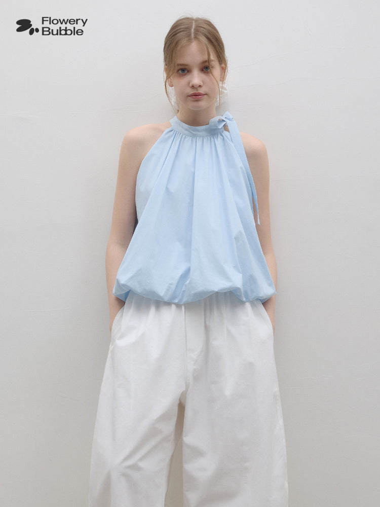 Bubble Hem Gathered Tie Neck Sleeveless Top
