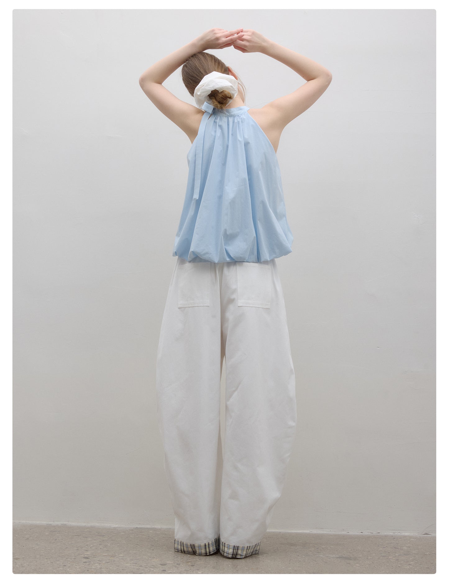 Bubble Hem Gathered Tie Neck Sleeveless Top