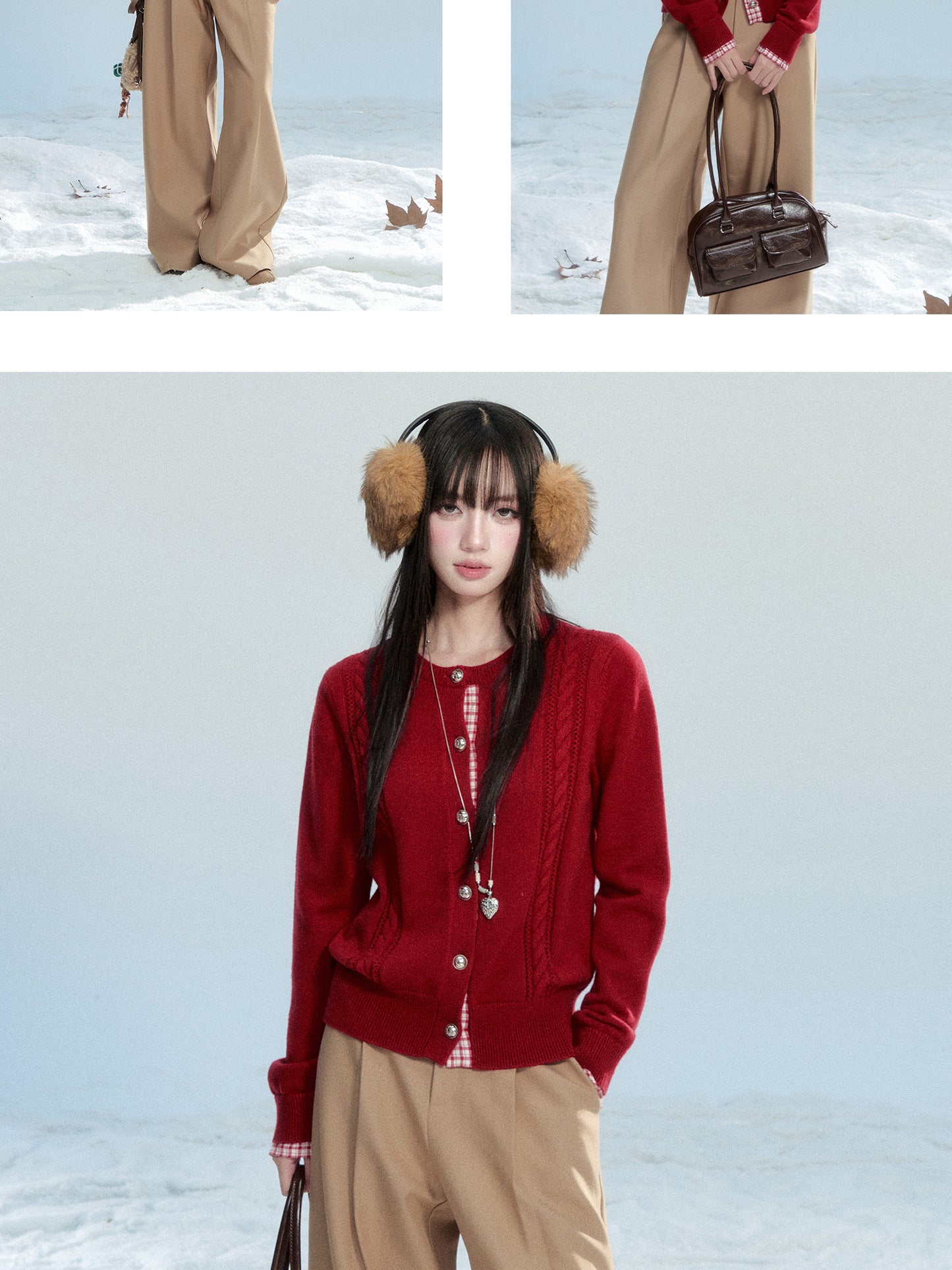 Plaid-Detail Cable Knit Cardigan