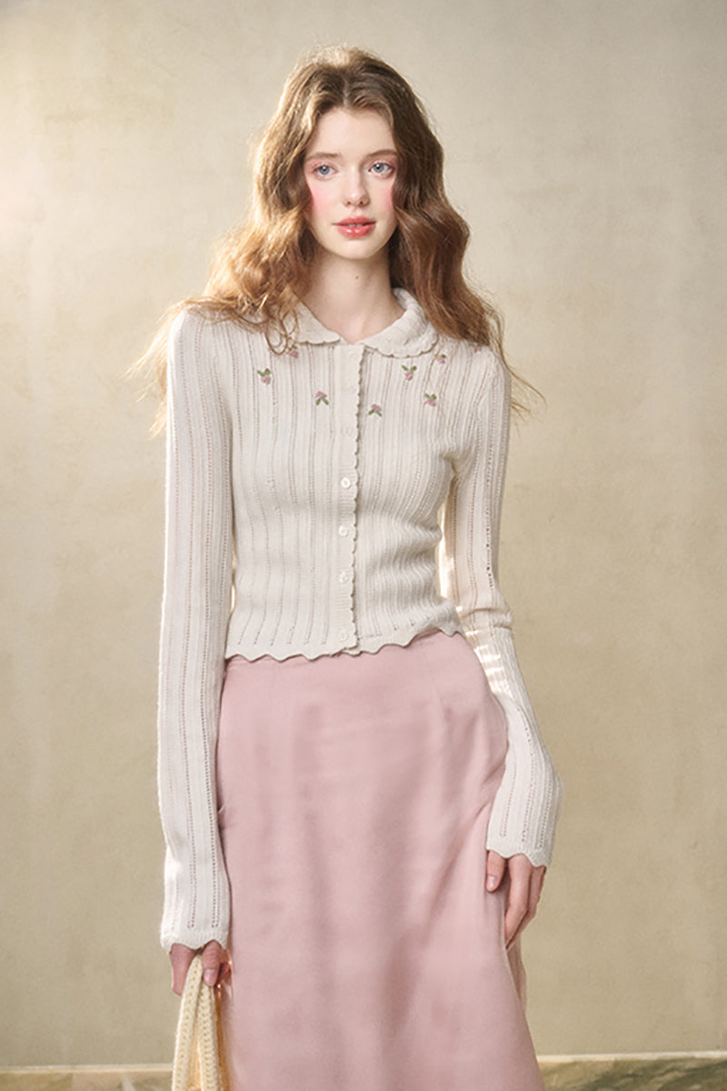 Scalloped Slim Fit Floral Cardigan And Camisole