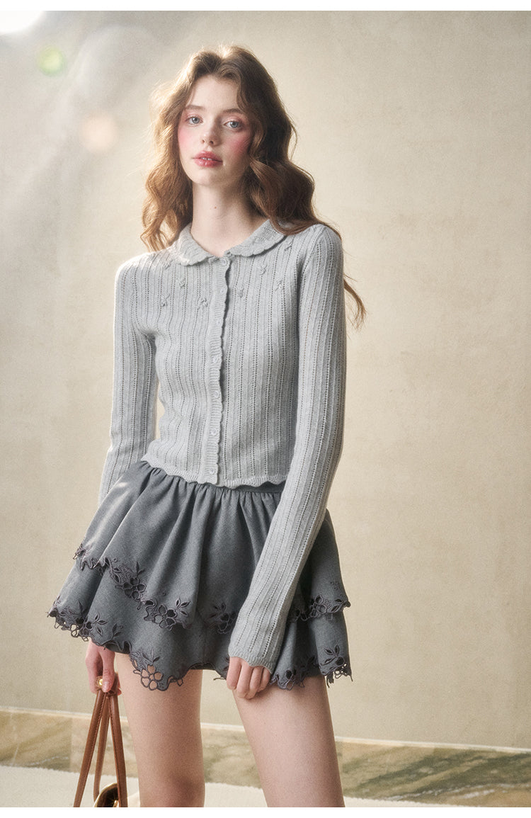 Scalloped Slim Fit Floral Cardigan And Camisole