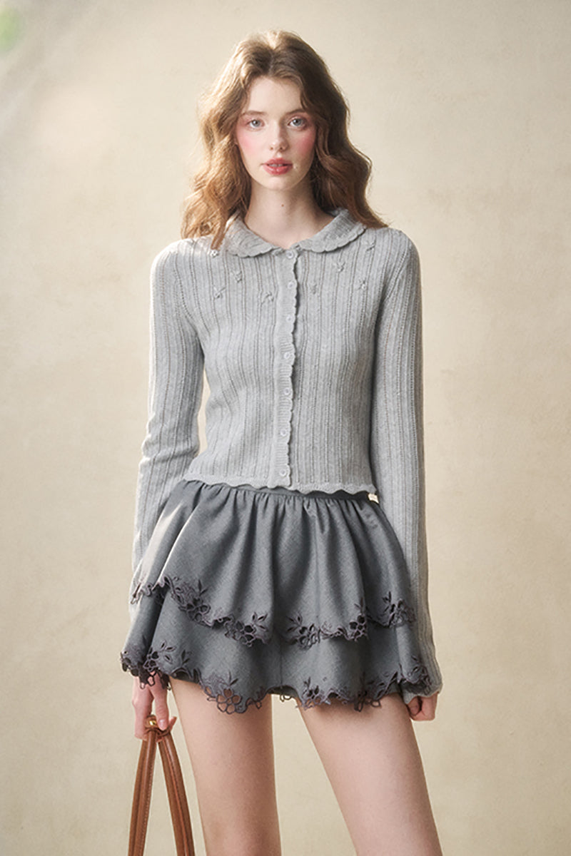 Scalloped Slim Fit Floral Cardigan And Camisole