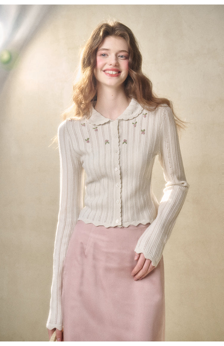 Scalloped Slim Fit Floral Cardigan And Camisole