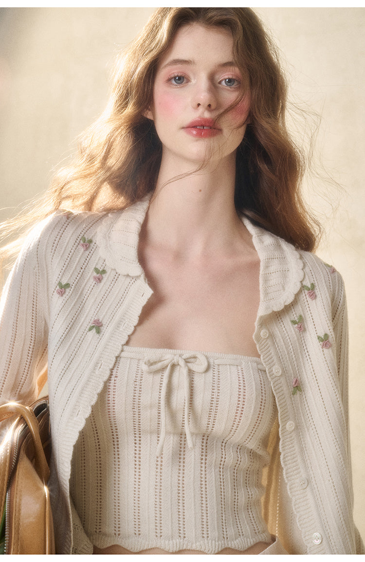 Scalloped Slim Fit Floral Cardigan And Camisole