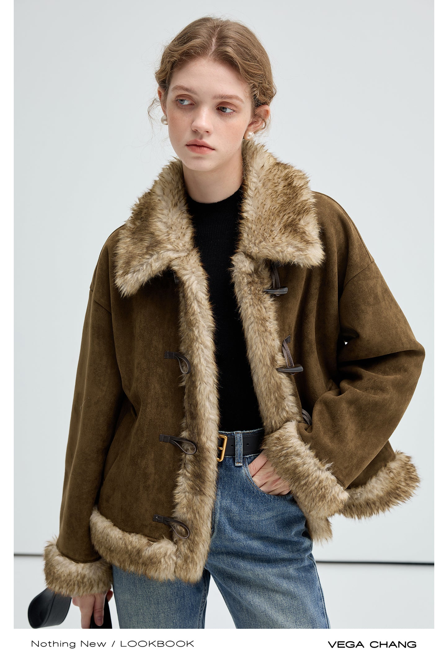 Fur Trimmed Faux Suede Short Toggle Coat