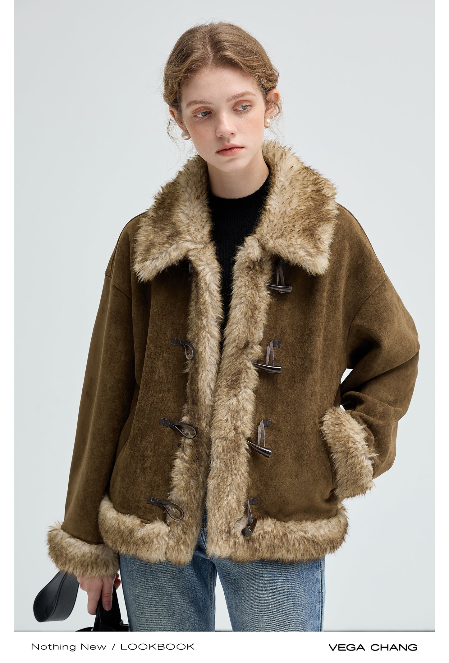 Fur Trimmed Faux Suede Short Toggle Coat