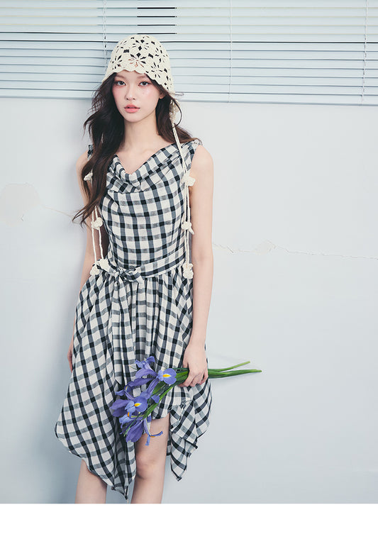 Asymmetrical Draped Plaid Dress With Tie Waist