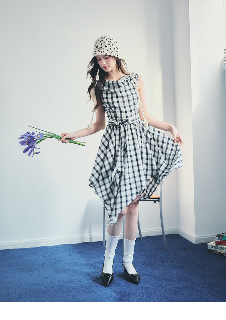 Asymmetrical Draped Plaid Dress With Tie Waist