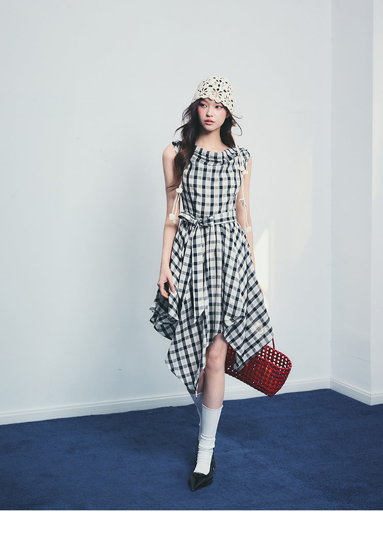 Asymmetrical Draped Plaid Dress With Tie Waist