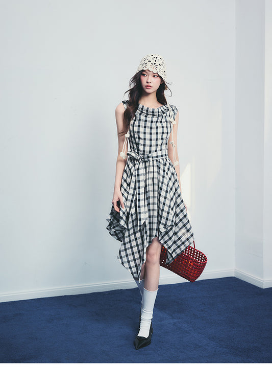 Asymmetrical Draped Plaid Dress With Tie Waist