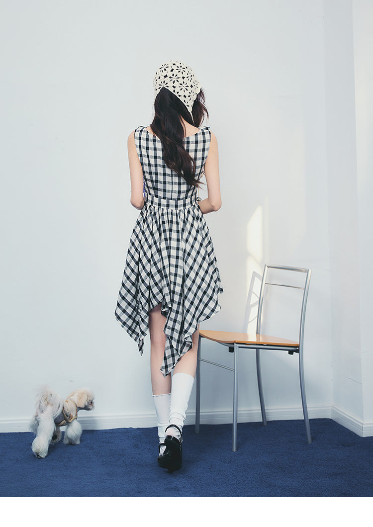Asymmetrical Draped Plaid Dress With Tie Waist