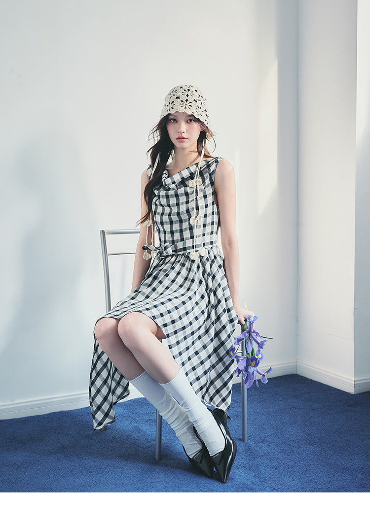 Asymmetrical Draped Plaid Dress With Tie Waist