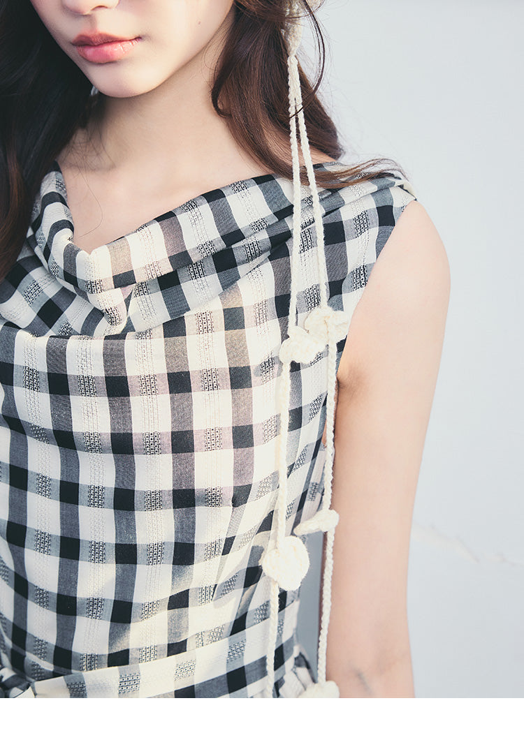 Asymmetrical Draped Plaid Dress With Tie Waist