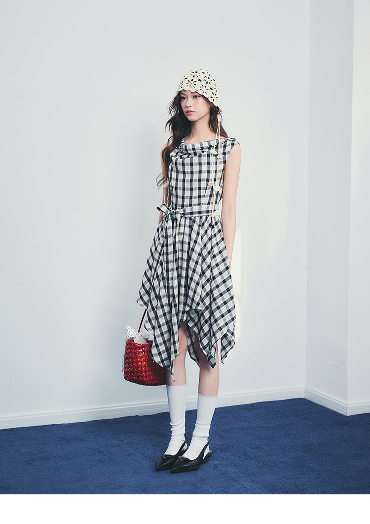 Asymmetrical Draped Plaid Dress With Tie Waist