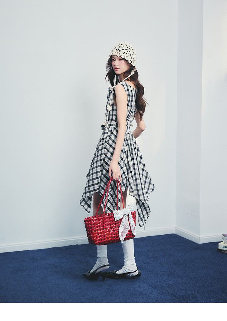 Asymmetrical Draped Plaid Dress With Tie Waist