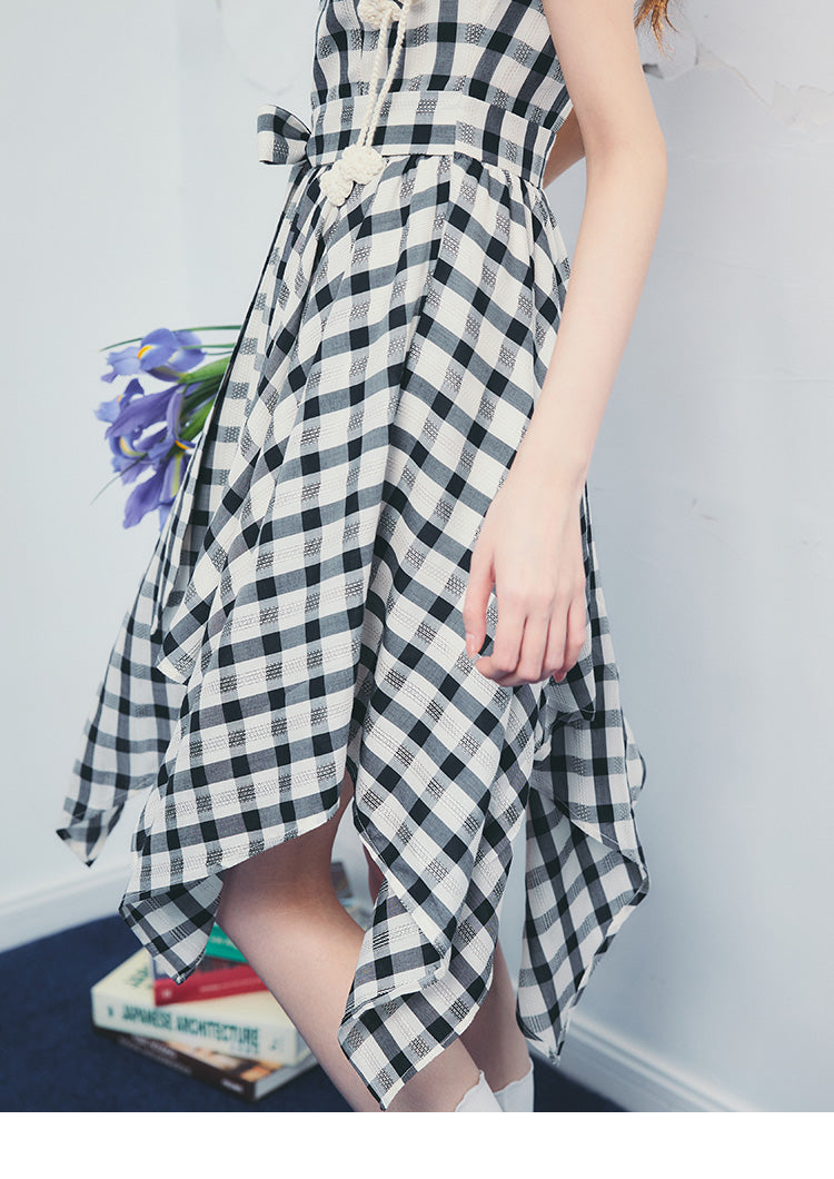 Asymmetrical Draped Plaid Dress With Tie Waist