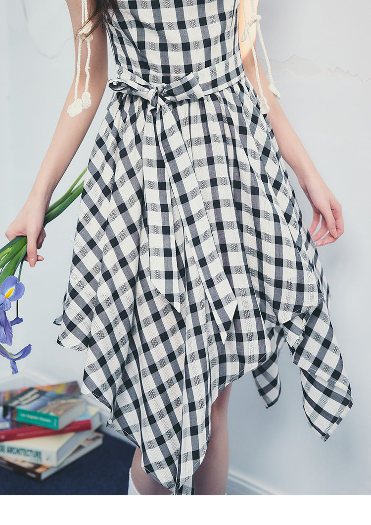 Asymmetrical Draped Plaid Dress With Tie Waist