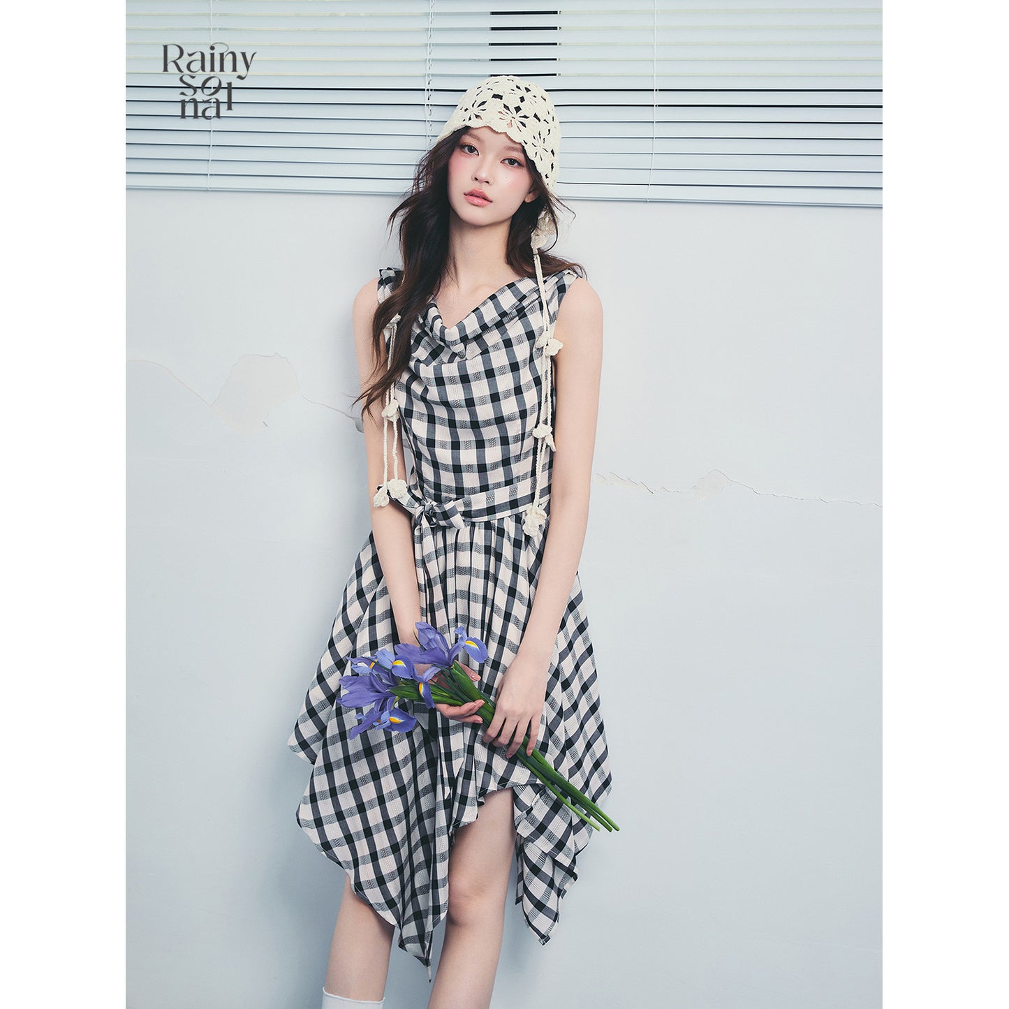 Asymmetrical Draped Plaid Dress With Tie Waist