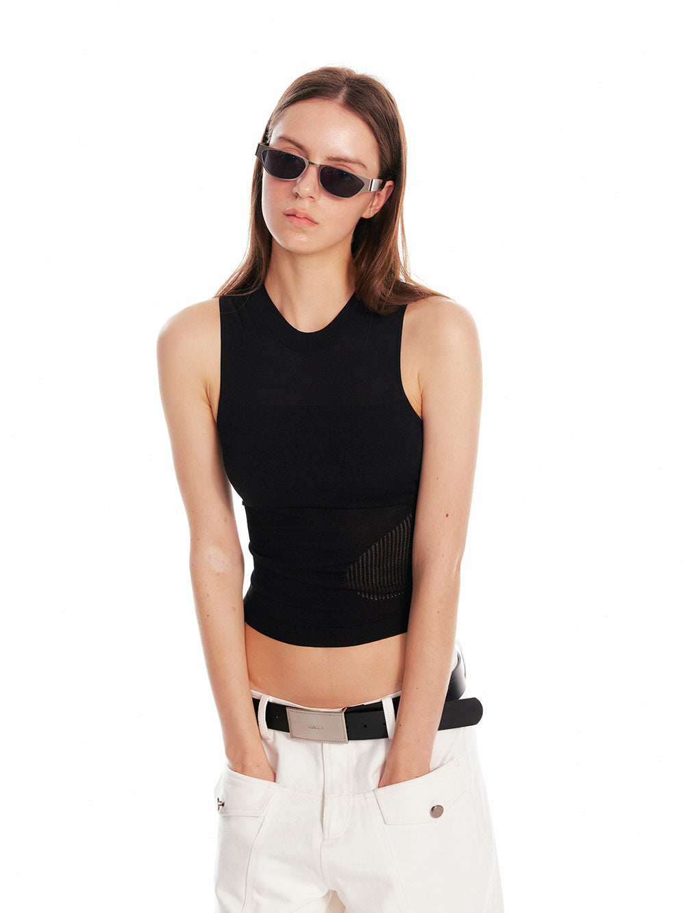 Sleeveless Elastic Top With Mesh Detail